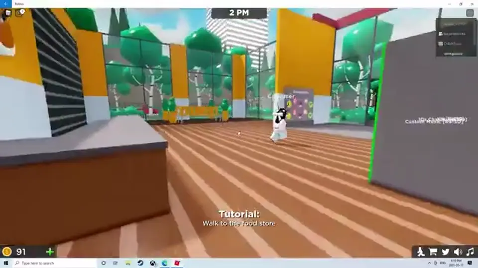 Pet Store Tycoon shop lobby with glass windows, a customer, and a Walk to the food store tutorial