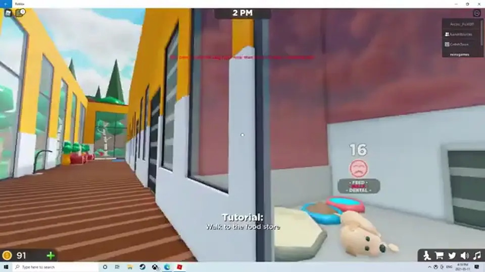 Pet Store Tycoon shop HUD showing the Twitter bird, Coin counter, and a sad pet with a Feed prompt
