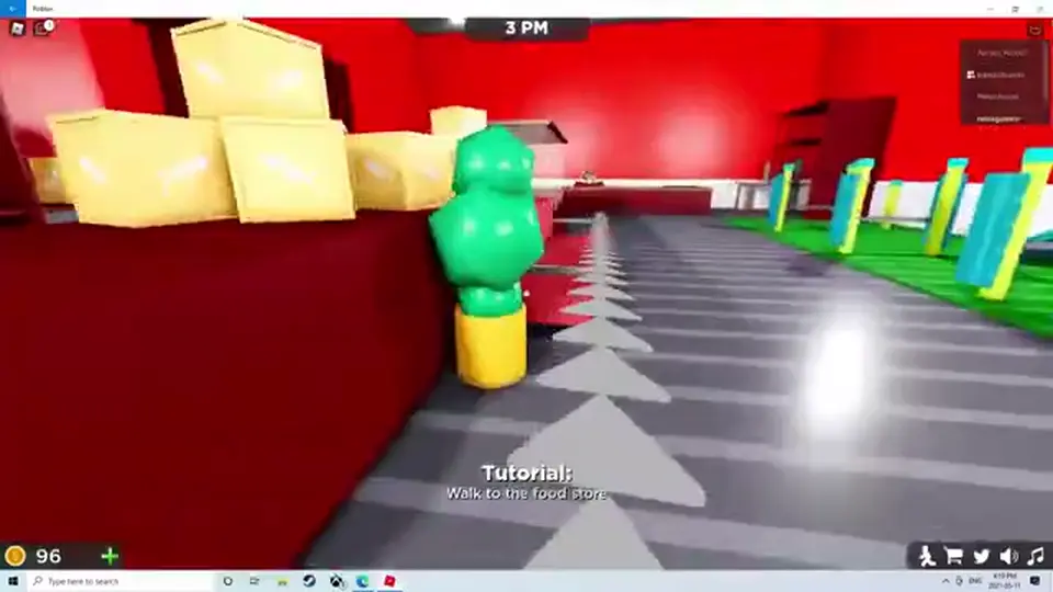 Pet Store Tycoon red interior aisle with stacked boxes and a food-store tutorial arrow